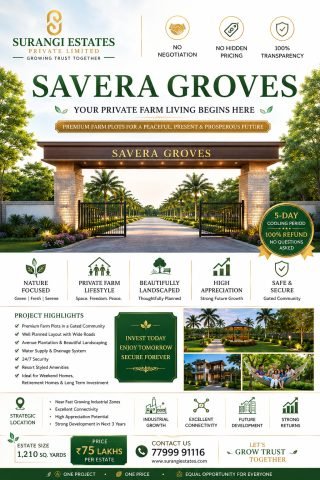 Savera Groves brochure: 1,210 Sq. Yd. premium farm estates, Rs 75 Lakhs per estate, 5-day cooling period with 100 percent refund.