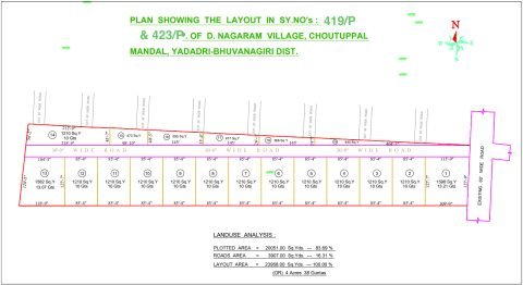 Savera Groves premium farm estate layout showing 13 plotted estates, internal roads, plot dimensions, and the existing 60-foot-wide road in D. Nagaram Village, Choutuppal Mandal, Yadadri-Bhuvanagiri District, Telangana.